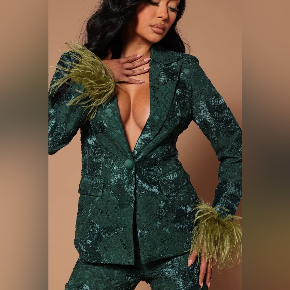 Katrina Feather Trim Lace Blazer - Green